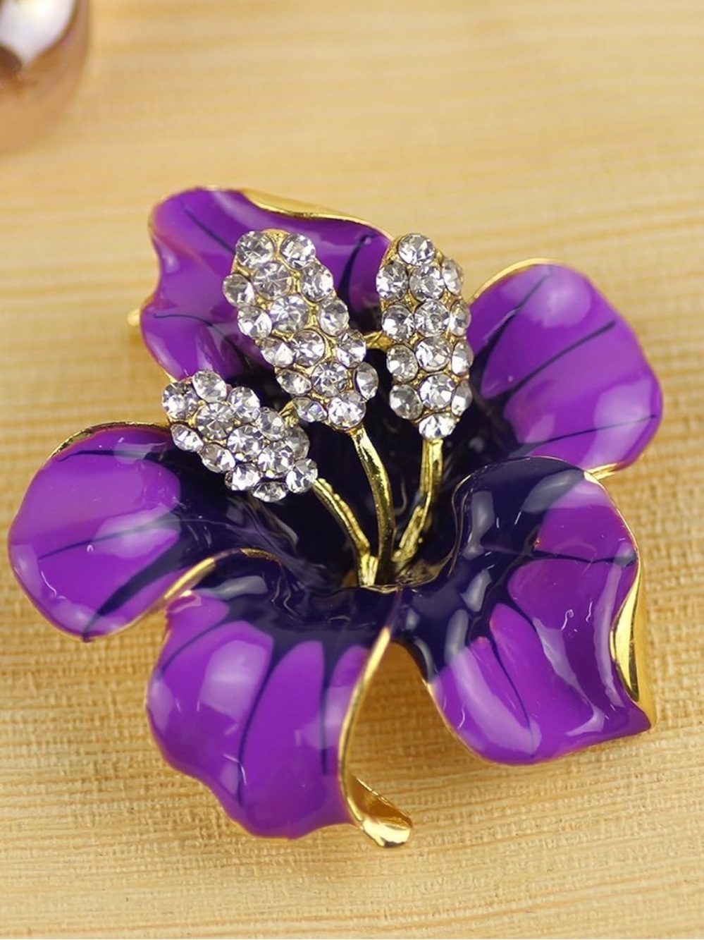 Anthropologie Purple and Gold Enamel Flower Brooch with Crystal Stamens